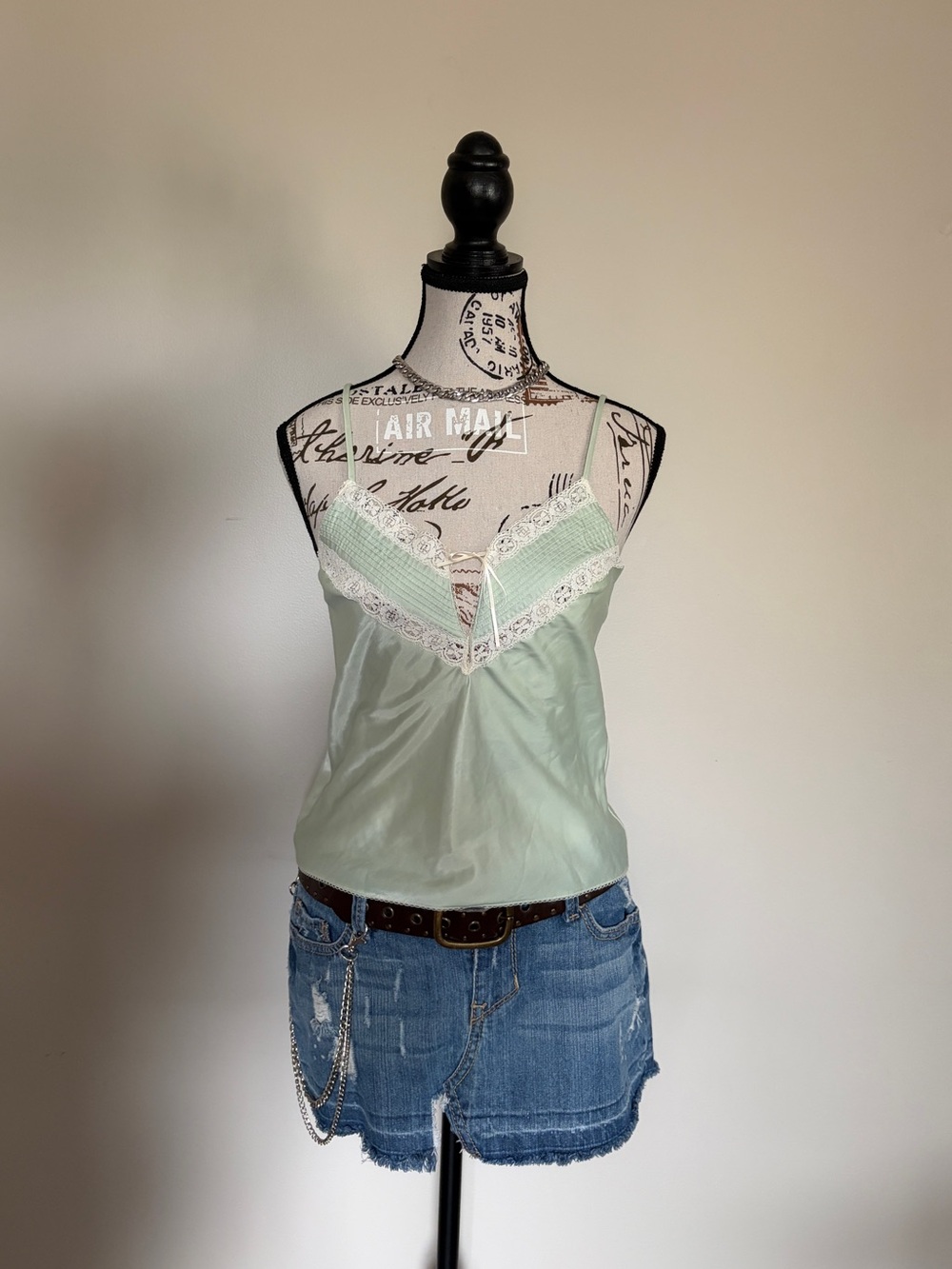 Vintage 90’s Mint Green Satin V-Neck Fairy Whimsy Cami with Lace Trim